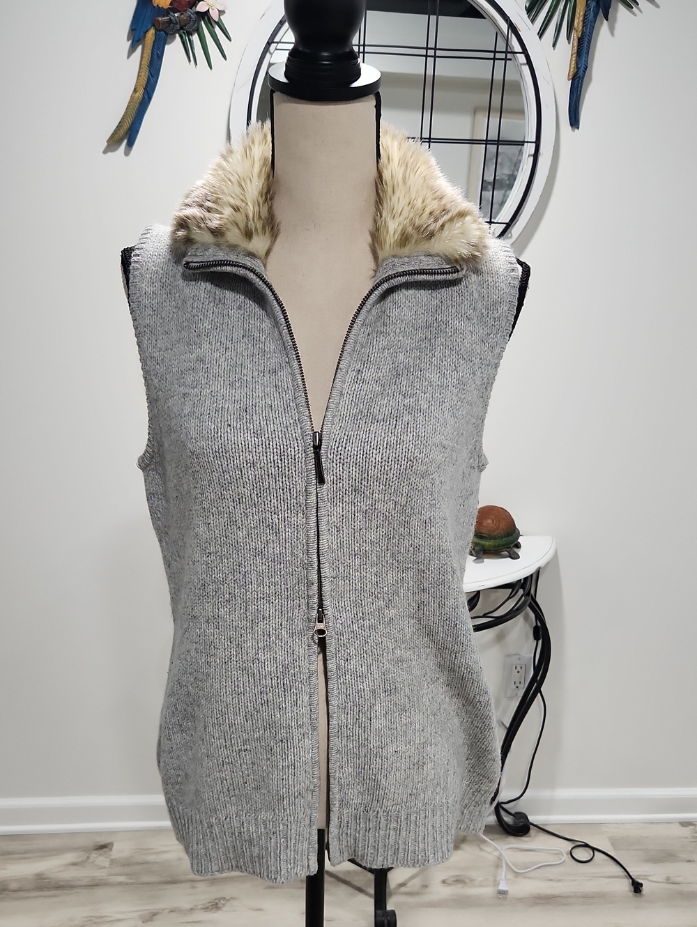 Vintage Eddie Bauer Angora Wool Double Zip Sweater Vest Faux Fur Collar Gorpcore